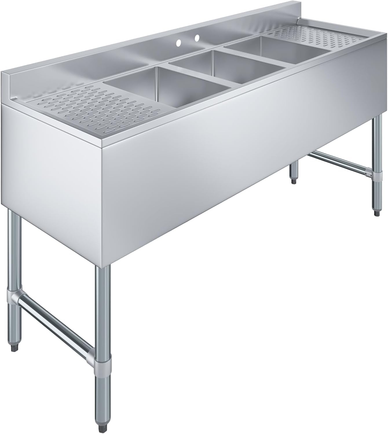 Express KitchQuip Stainless Steel Three Bowl Commercial Underbars Sink with Two Drainbaords - NSF Certified (Sink Size: 60