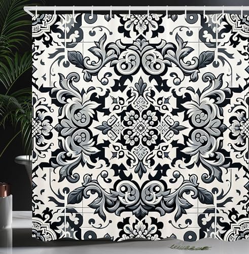 Ambesonne Grey Shower Curtain, Classic Damask Motif with Curlicue Leaves