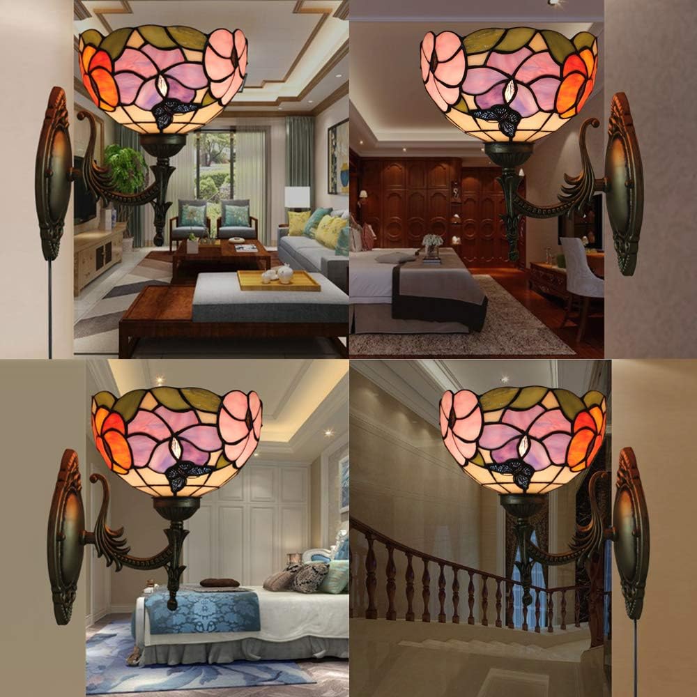 Dimmbar Wandleuchte Innen Mit Schalter, Antiker Tiffany-Stil Wandlampe mit E27 Lampenfassung und Glas Lampenschirm für Wohnzimmer Treppenhaus Flur Schlafzimmer BD1671