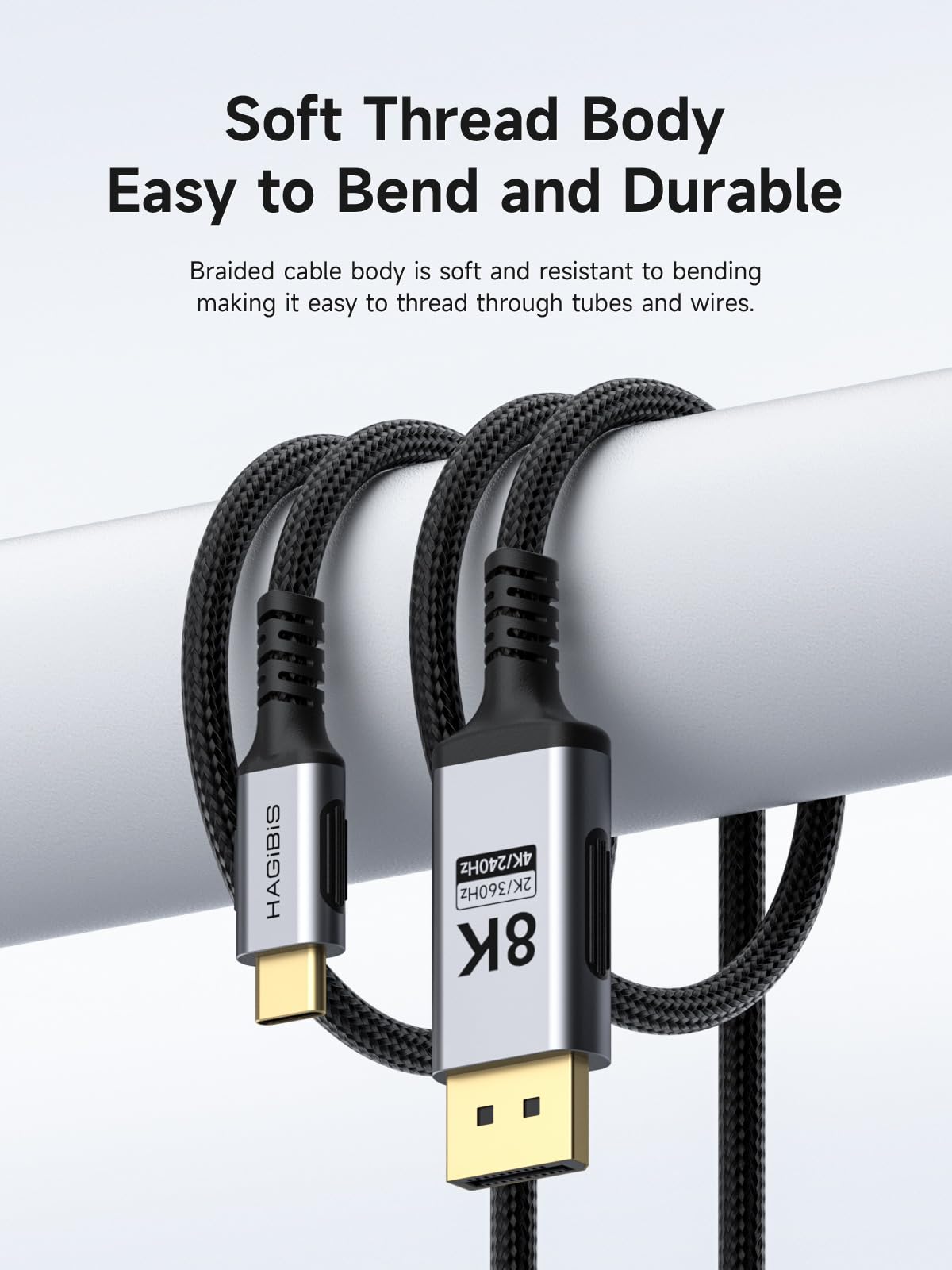 Hagibis USB C to DisplayPort 1.4 Cable [8K@60Hz, 4K@240Hz, 2K@360Hz], Super Soft Thunderbolt 5/4 USB4 to DP 32.4Gbps HBR3 Alt Mode Adapter for MacBook Pro Air iMac TV (Bi-Directional 10ft)