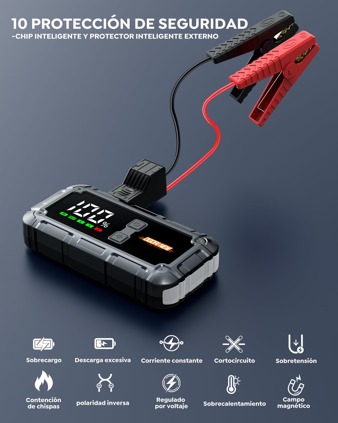 Arrancador de Coche, 7000A Arrancador de Baterias de Coche,12V Arrancador de Coches Portatil para 10L Gas o 8L Diesel,Jump Starter con Pantalla LCD y Linterna LED de 3 Modos