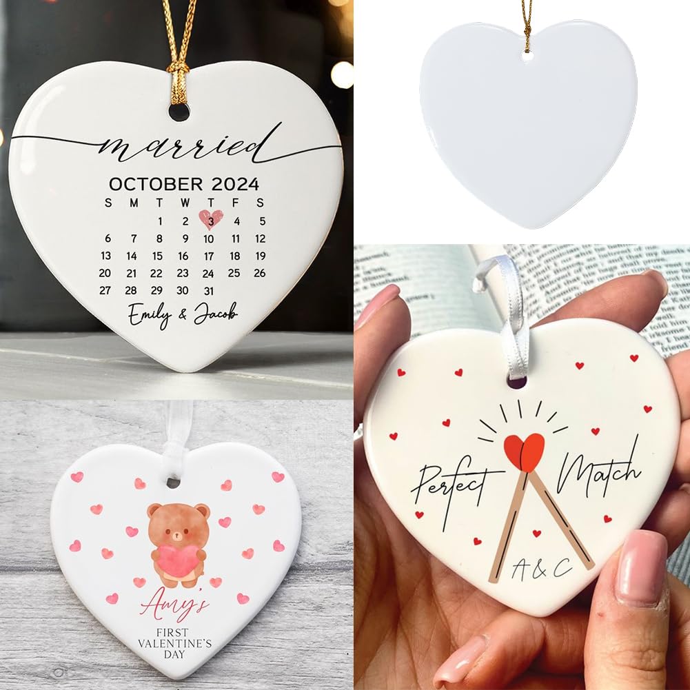 Lot de 12 décorations de sublimation en forme de cœur en céramique avec cordons en porcelaine blanche à suspendre pour sapin de Noël, mariage, loisirs créatifs