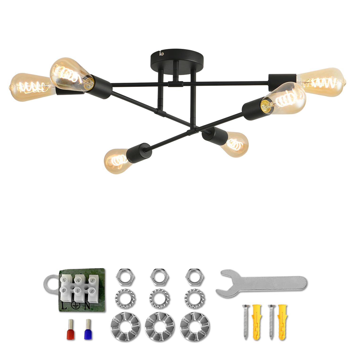 ANWIO Lustre E27 Noir, Plafonnier Industrie, Lumières Moderne Plafonnier Lustre Luminaire Industriel en Metal, Lampe de Plafond Vintage à 6 Bras pour Salon (Sans Ampoules)