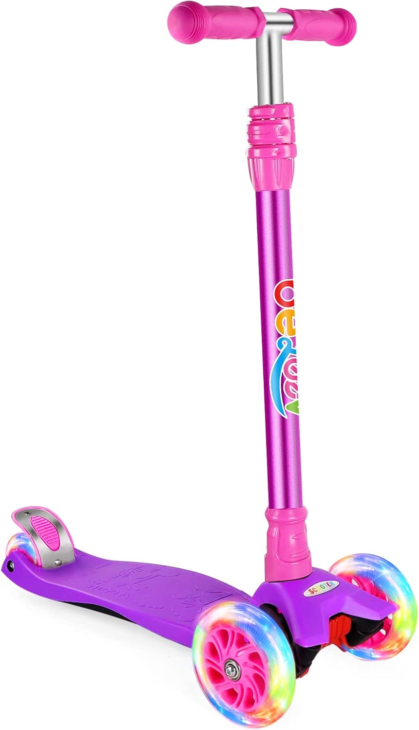 BELEEV A2 Scooters for Kids 3 Wheel Kick Scooter for Toddlers Girls Boys, 4 Adjustable Height, Lean to Steer, Light up Wheels, Extra-Wide Board, Easy to Assemble for Children Gift Sport Toys Ages 3-12 Pink Purple