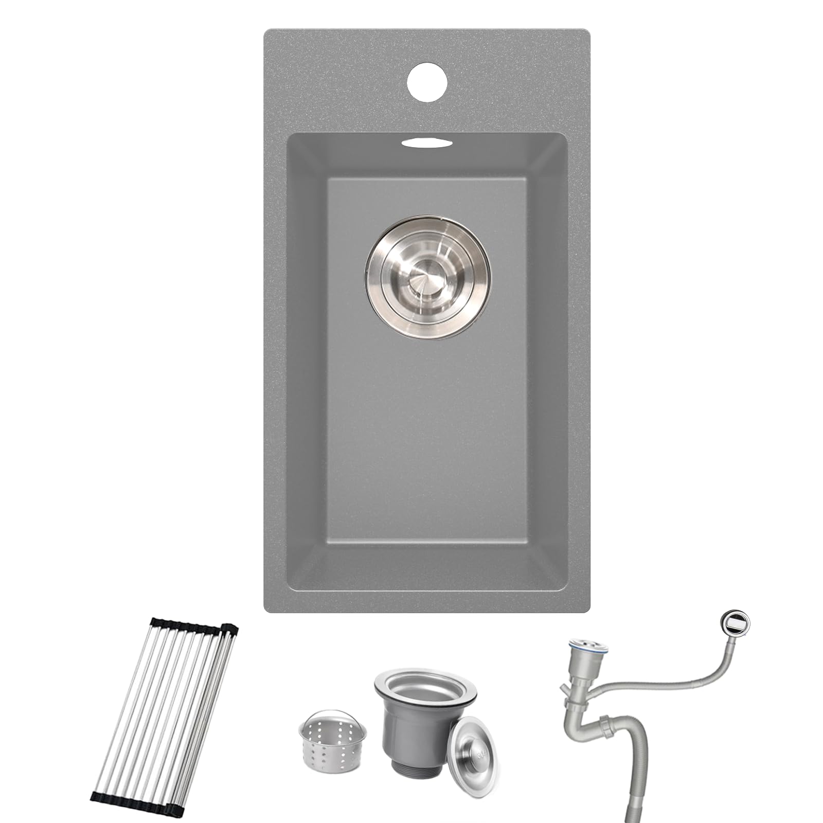 Bokaiya Grey Granite Kitchen Sink 28x50cm, Single Basin 30cm Undermount Small Single Bowl, Mini Basin Outdoor Rv with Strainer Waste & Overflow Kit, Roll-up Rack and Siphon