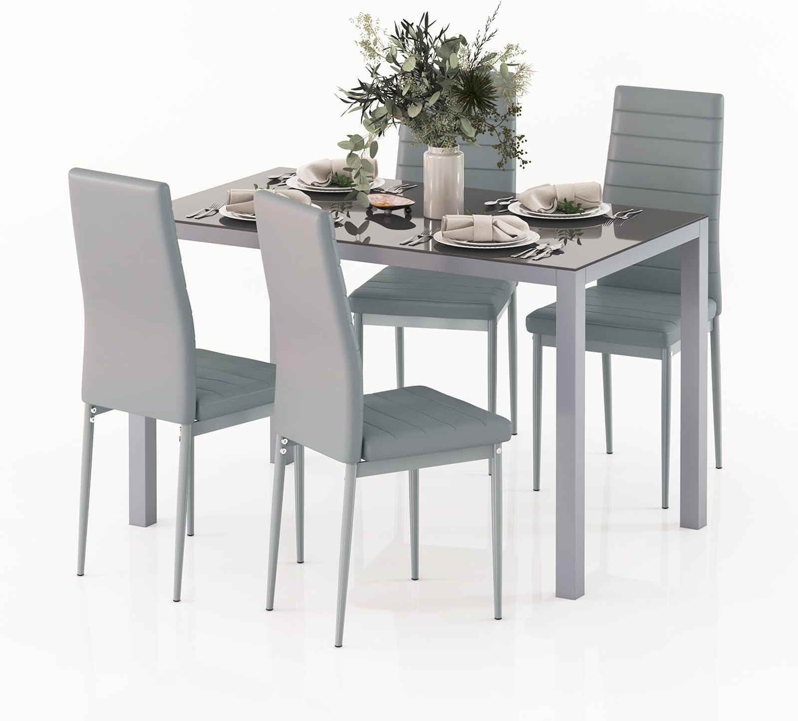 Jooli Glass Table and Chairs Set 4, 75cm Square Table with 4 Faux Leather High Back Chairs