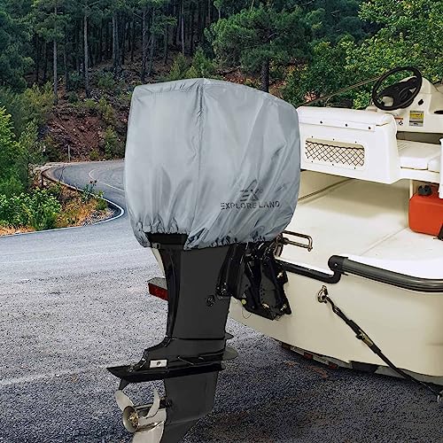 Explore Land Outboard Motor Cover - Waterproof 600D Heavy Duty Boat Engine Hood Covers - Fit For Motor 50-115 Hp, Grey #TOP6