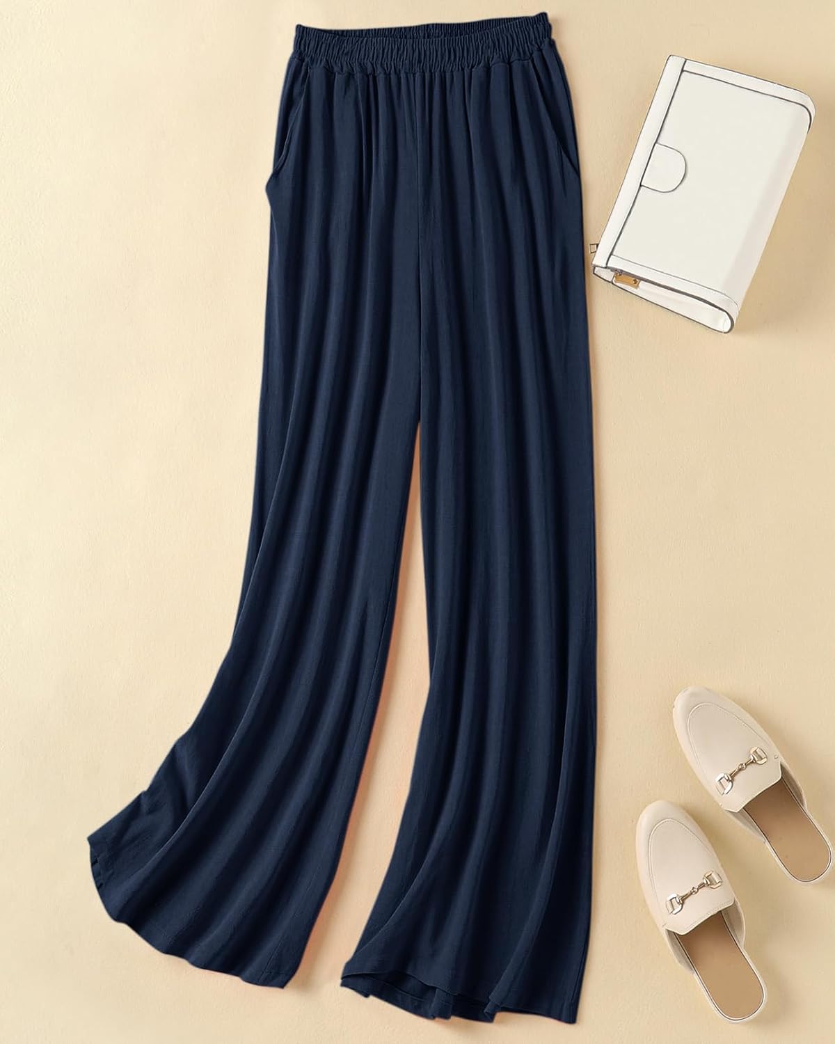 Womens Plus Size Linen Pants Wide Leg Palazzo Trousers High Elastic Waist Flowy Culottes with Pockets