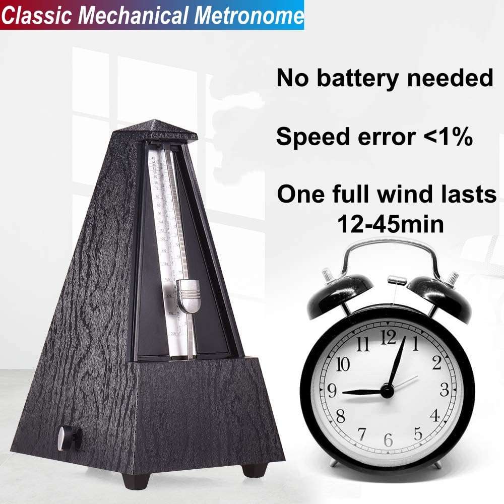Metrónomo Mecánico con Campana de Acento, Beat Preciso, Sonido Fuerte, Forma Clásica, Adecuado para Piano Guitarra Bajo Batería Violín Saxofón etc,Grano de Madera