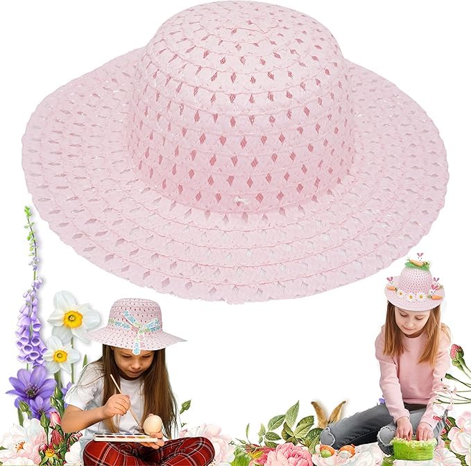 HOVUK Pink Girls Easter Bonnet Hat 16cm, Woven Beige Hat for Girls Perfect for Easter Summer Parties, and Fancy Dress