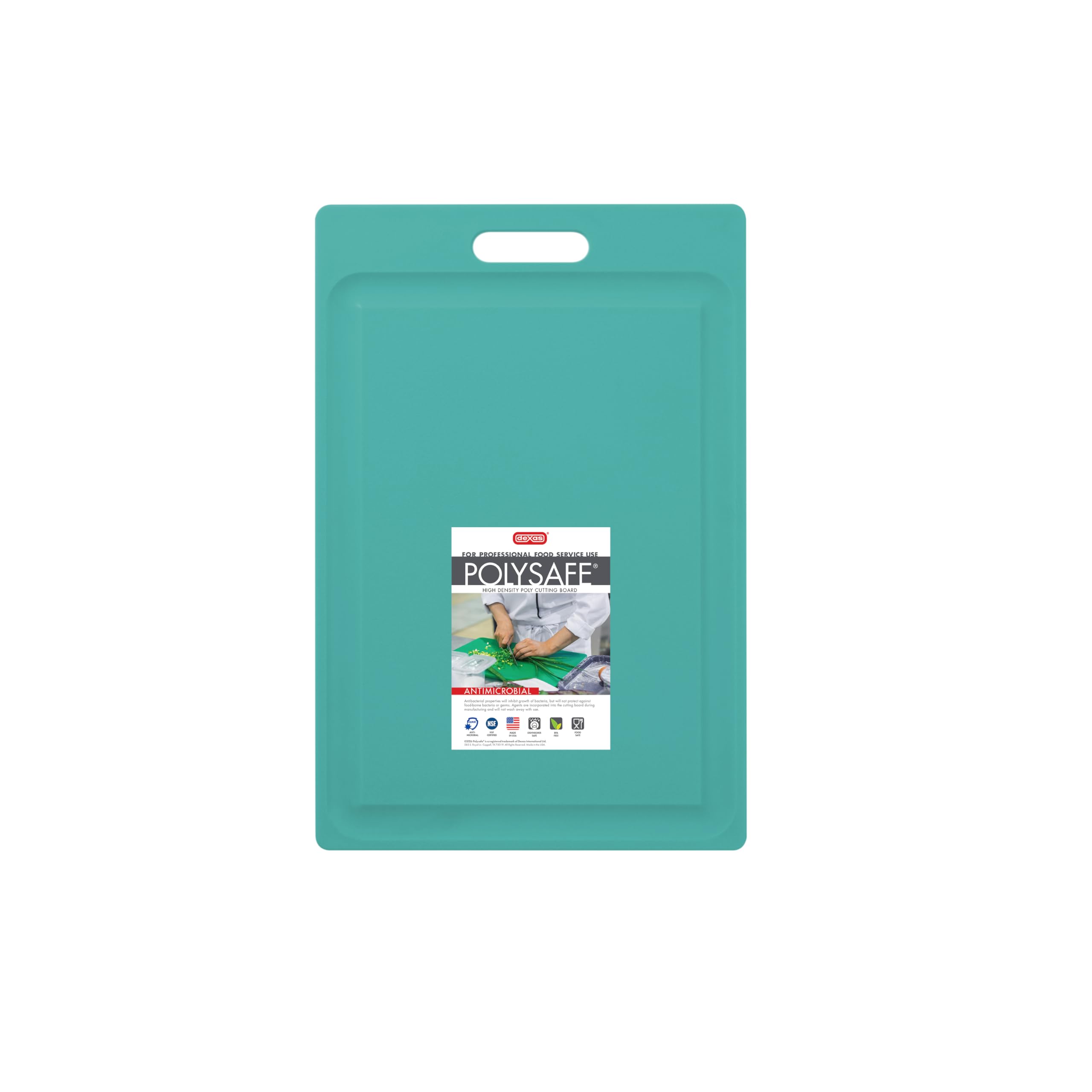 Dexas NSF Certified Polysafe Cutting Board with Handle and Juice Well, 12 x 18 inches, Reversible Kitchen Cutting Board, Teal Green