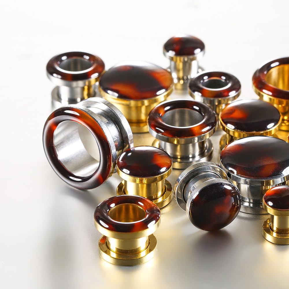 4Pcs Amber-colored Surgical Stainless Steel Ear Gauges Plugs，Size 6-16mm Hypoallergenic Screw Fit Ear Stretcher Expander Body Jewelry
