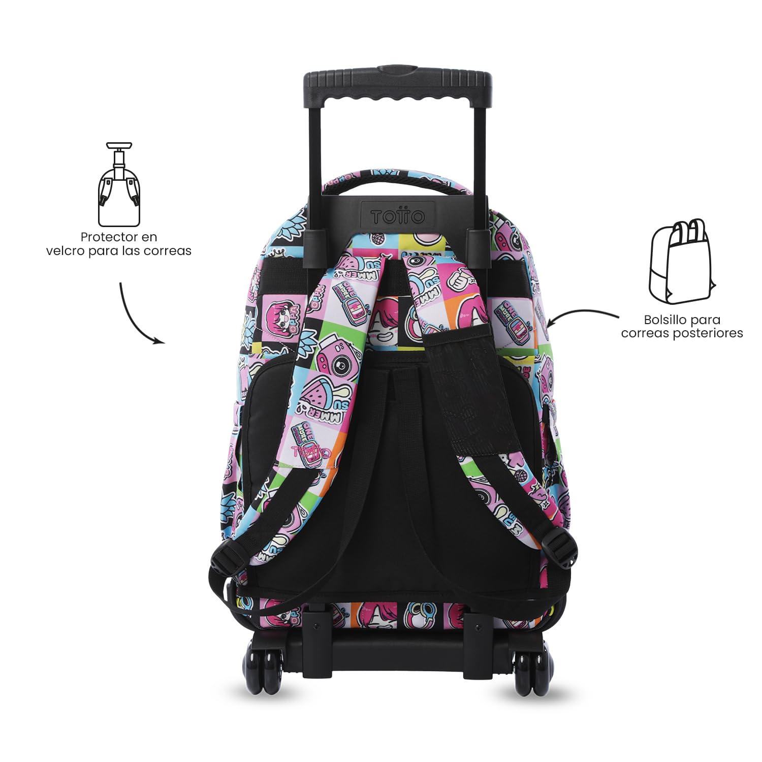 TOTTO - Mochila Escolar con Ruedas, Modelo Renglones, Capacidad 26,21 Litros, Bolsillo para PC 14", Bolsillo Botella, Correas en S para Mayor Comodidad, Resistente, Estampado K-Pop Rosa