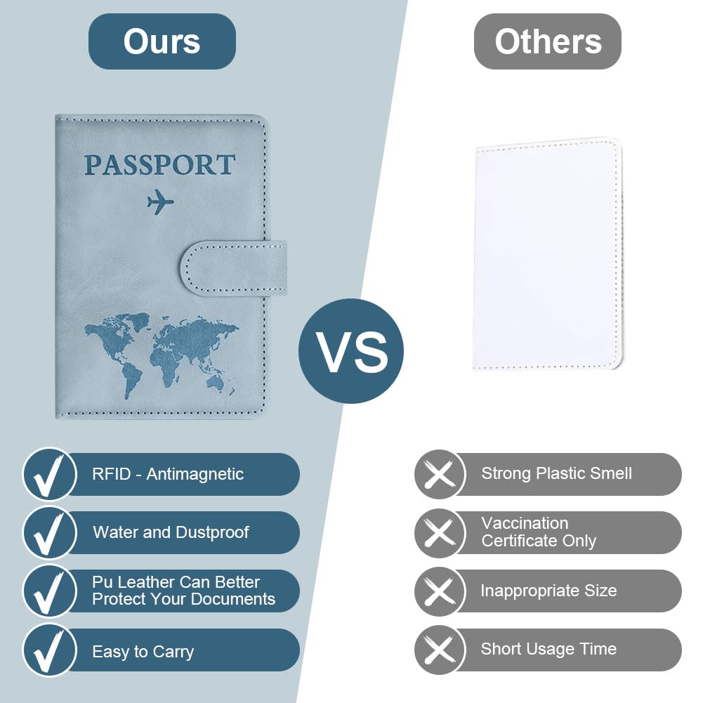 OFFCUP Custodia per Passaporto, Custodie Porta Passaporto con Blocco RFID, Custodia Passaportos con Etichetta Valigia in Pelle PU per Carte d'Identità Carte di Credito, Passaportos Pass (Azzurro)