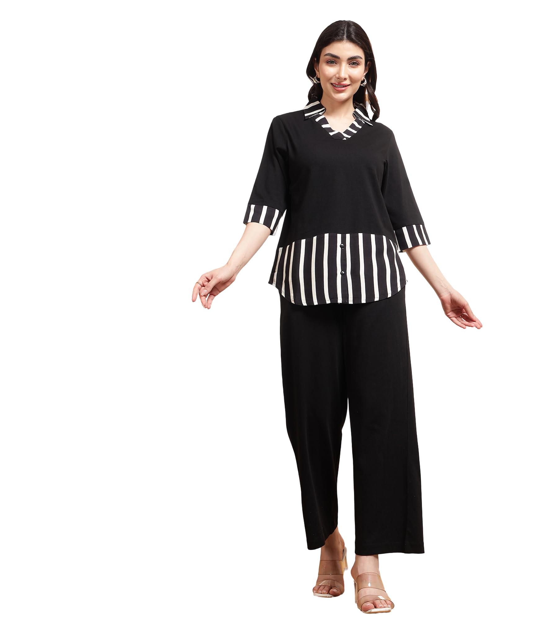 Women's Solid & Striped Cotton Poplin Ankle Length T-Shirt with Trouser|Cord Set for Women Fashion|Jumpsuits Western Dress for Women Stylish|Latest Two Piece Co ord Set|Casual Wear(Black)-image-22
