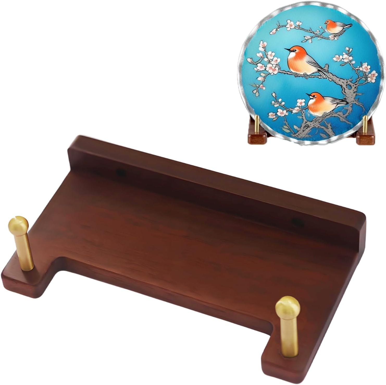 Wall Plate Hanger for 6-16 Inch Plates & Artwork - Heavy Duty Decorative Display Holder, Wall Mounted Shelf for Picture Frames, Bowls, Certificates | Acacia Wood Rack with Brass Hardware