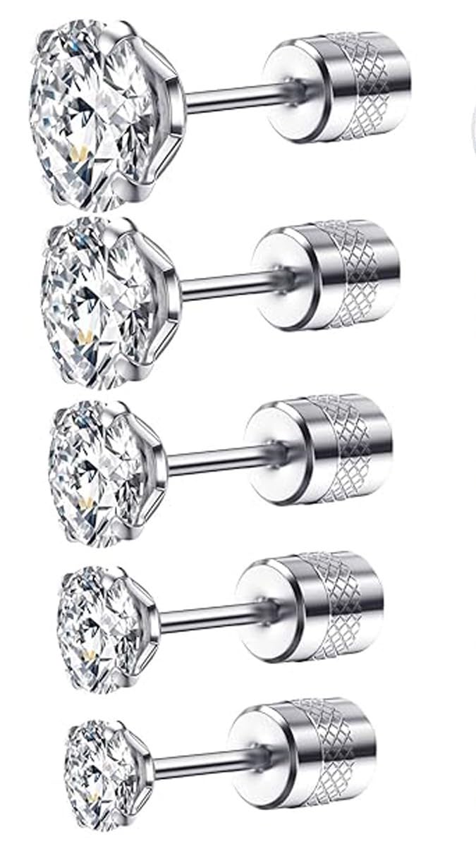 SYNSYB5 Pairs Stud Earrings Set, Hypoallergenic Cubic Zirconia 316L Earrings Stainless Steel CZ Earrings 3-8mm With Luxury Gift Box (A)