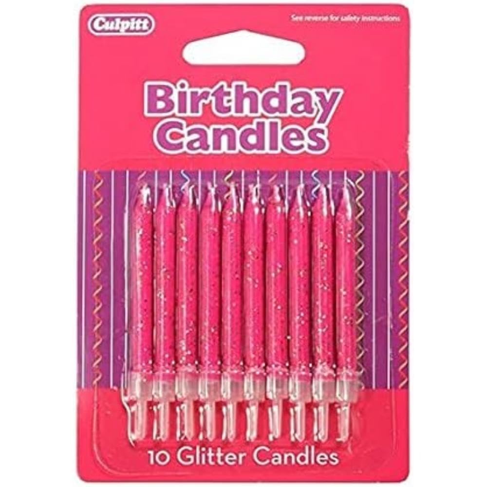 Culpitt Fuchsia Glitter Cake Candles, 10 Pack, Birthday Candle For Cakes & Cupcakes With A Clear Holder, Variety Of Glittering Colours, Add Some Sparkle To Birthdays - Fuschia Pink 10