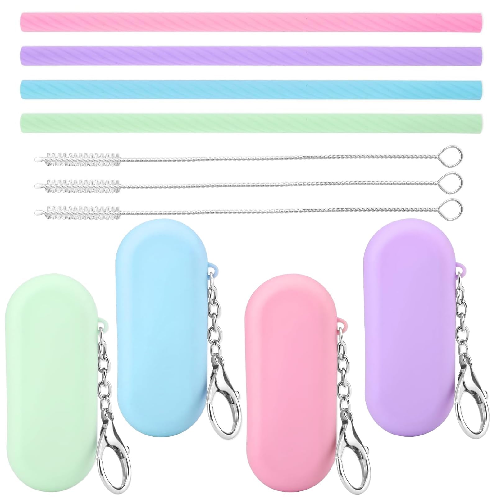 Alriedy Reusable Silicone Straws, Travel Drinking Straws, 4-Pack Collapsible 8 Inch Straws with Case, Brush & Keychain – BPA-Free Food-Grade Set for Bubble Tea, Smoothies, Iced Coffee, Juices