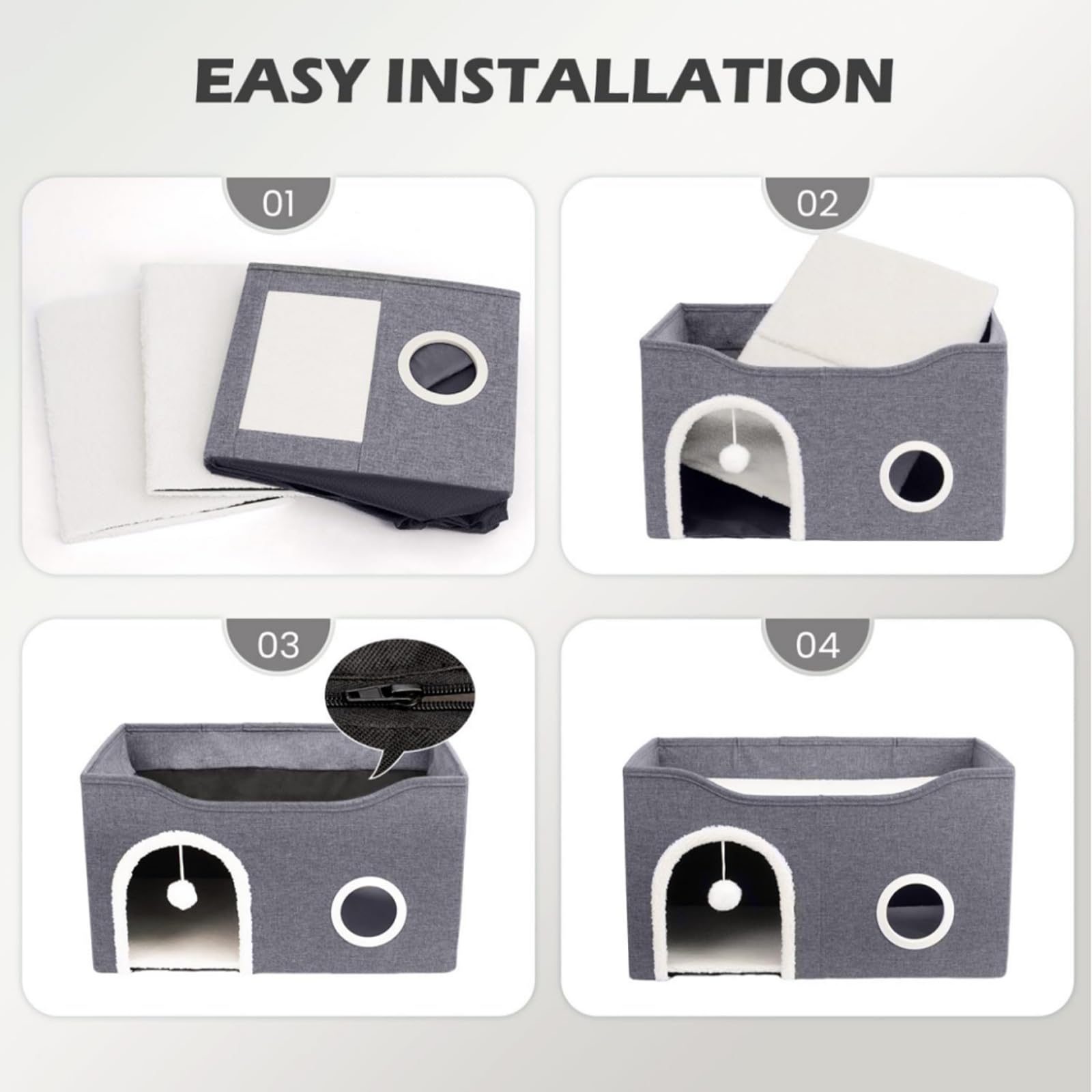 بيت للقطط في الاماكن المغلقة، سرير كبير للقطط مع كرة منفوشة ووسادة خدش، منازل وشقق قابلة للطي، مكعبات قطط، مخبأ قطط، سرير قطط مغطى للقطط الصغيرة والكبيرة