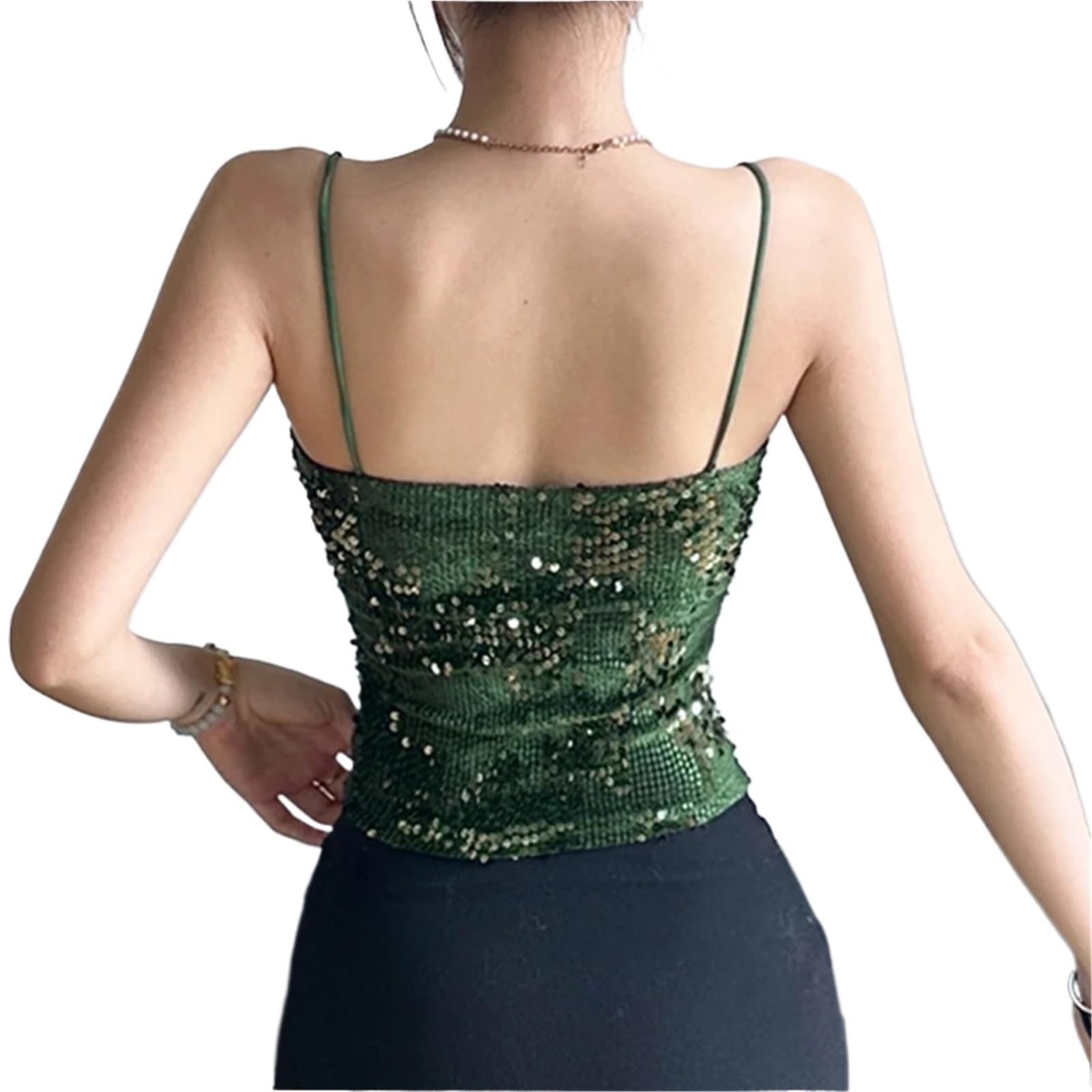 Top con Paillettes Top Corto Attillato Senza Maniche con Lacci e Paillettes for Feste estive da Donna, Stile retrò, Verde