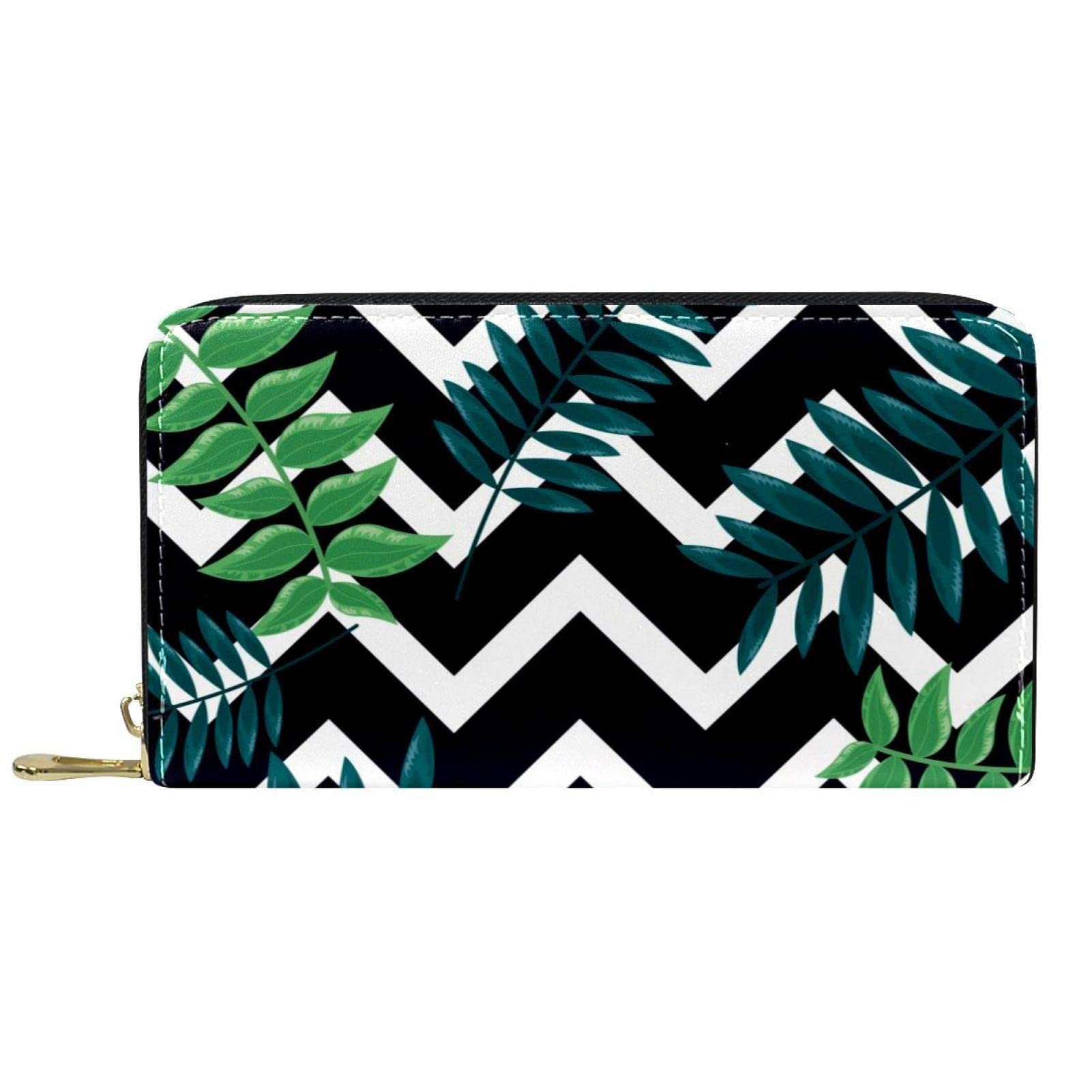 Cartera de cuero con cremallera larga con hojas tropicales oscuras en zigzag blanco y negro, Varios colores, 20.5x2.5x11.5cm/8.07x1x4.53 in, Classic