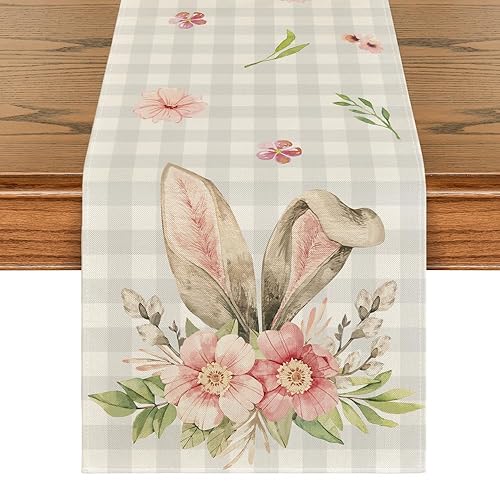 Artoid Mode Buffalo Plaid Bunny Rabbit Ears Flower Easter Table