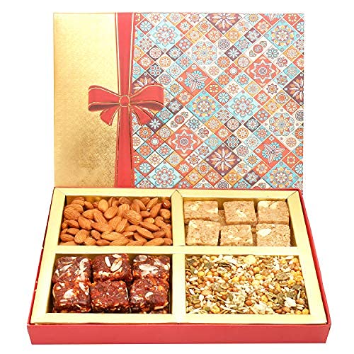 Ghasitaram Gifts Printed Bow Hamper Box with Almonds, Sugarfree Dates Figs Bites, Granula Bites & Roasted Namkeen 400 GMS|Gift for Diwali,Valentine,Birthday,Anniversary,Gift for Her,Him,Mothers Day|-image-33