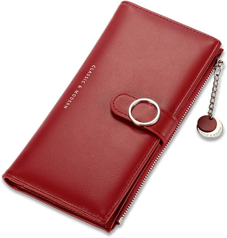 Slim Fashion Long Wallet RFID Blocking Wallet Leather Clutch Phone Bag Lady Purse Handbag Zipper Wristlet Pendant Cellphone Pocket Holster Pouch Card Holder Travel Wallet Case for Women (Red)