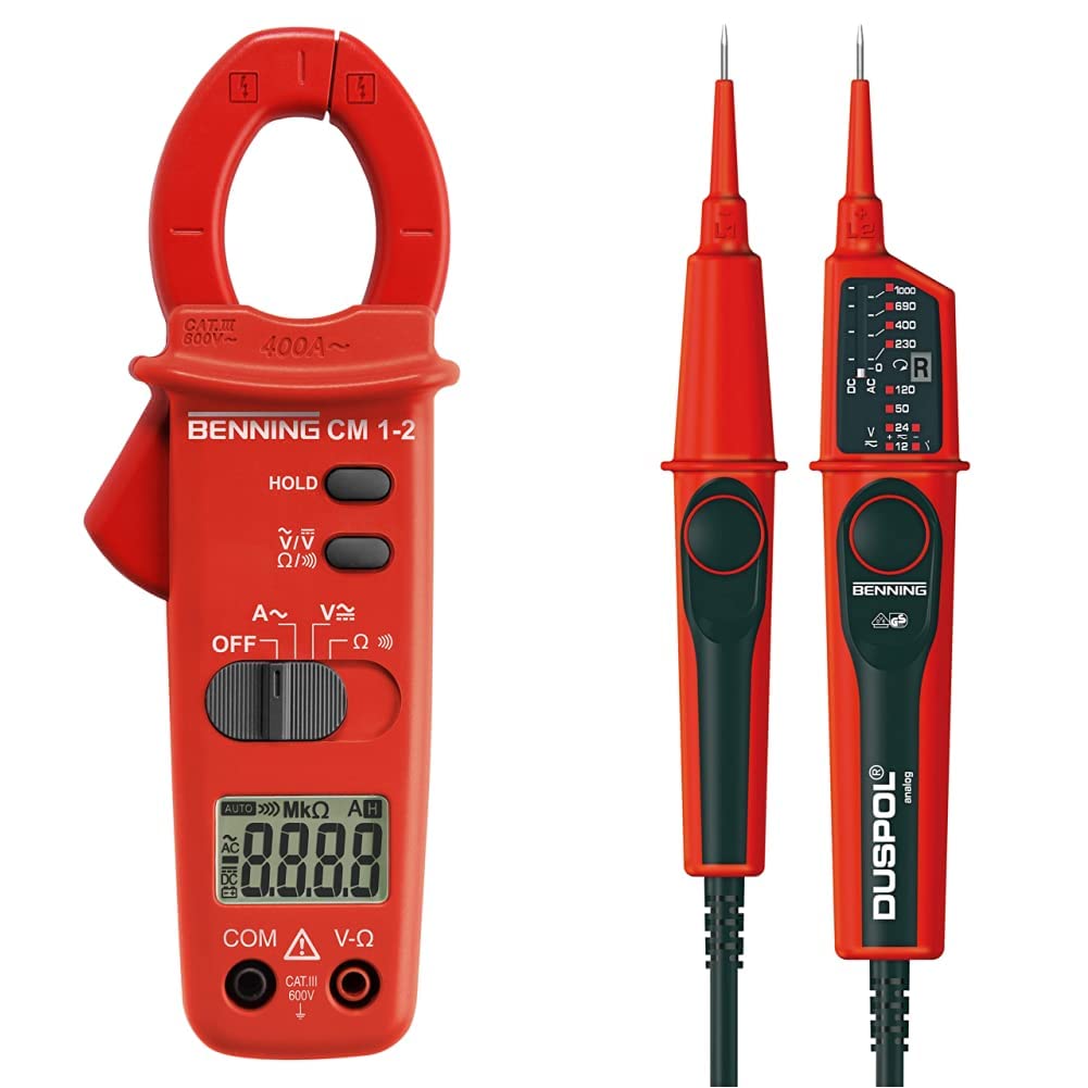 Benning CM 1-2 Digital- Stromzangen-Multimeter, 44062 & DUSPOL analog. Spannungsprüfer (mit Tauchspul-Pegelanzeige, Spannungsmessbereich 12 V - 1000 V AC/DC, Prüfart 2-polig) 50261
