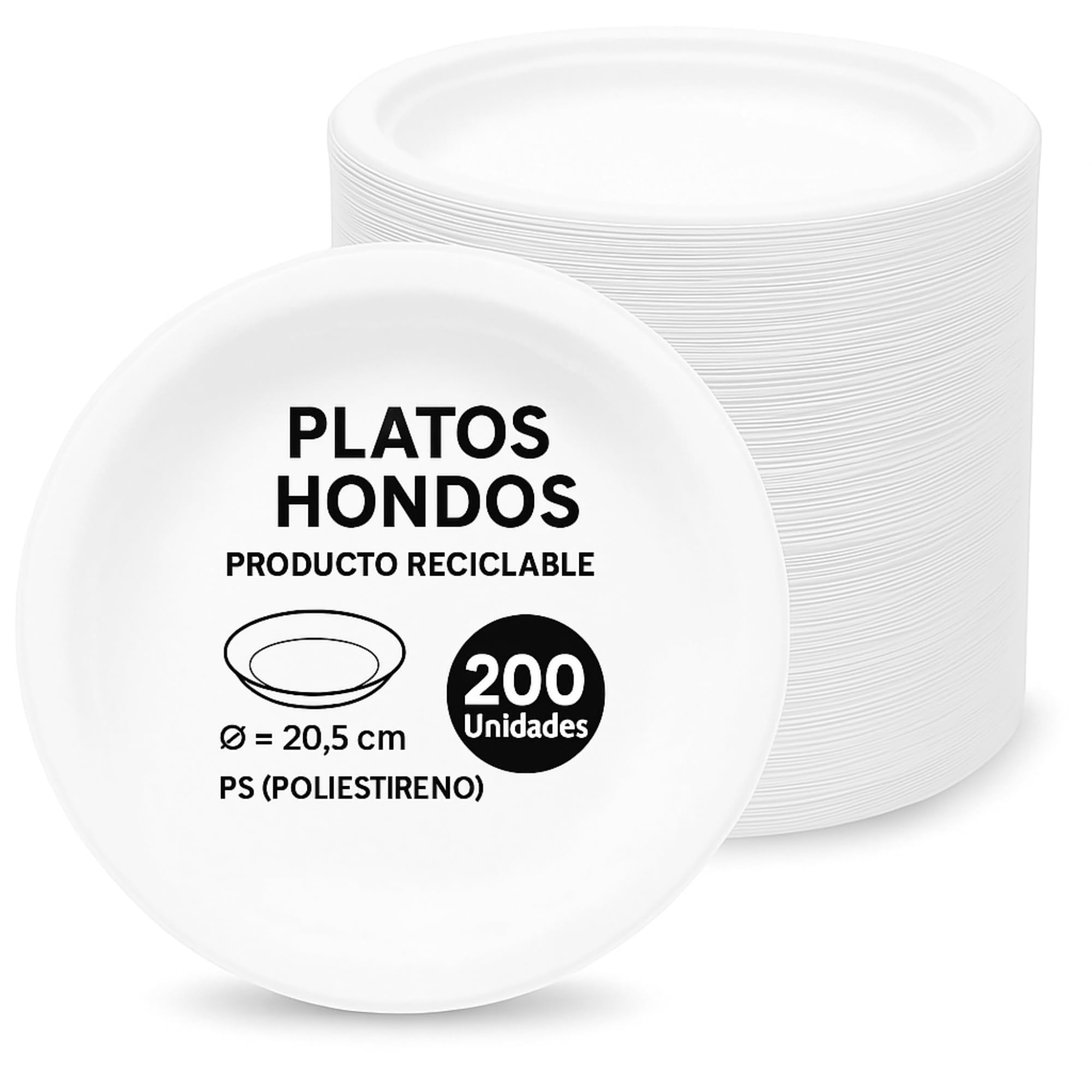Platos de plástico blancos reutilizables, Plato de plástico hondo redondo, apto para alimentos calientes, Platos extra resistentes, Norma UNE-EN-12875-1, Diseño hondo diámetro 20.5 cm, 200 unidades