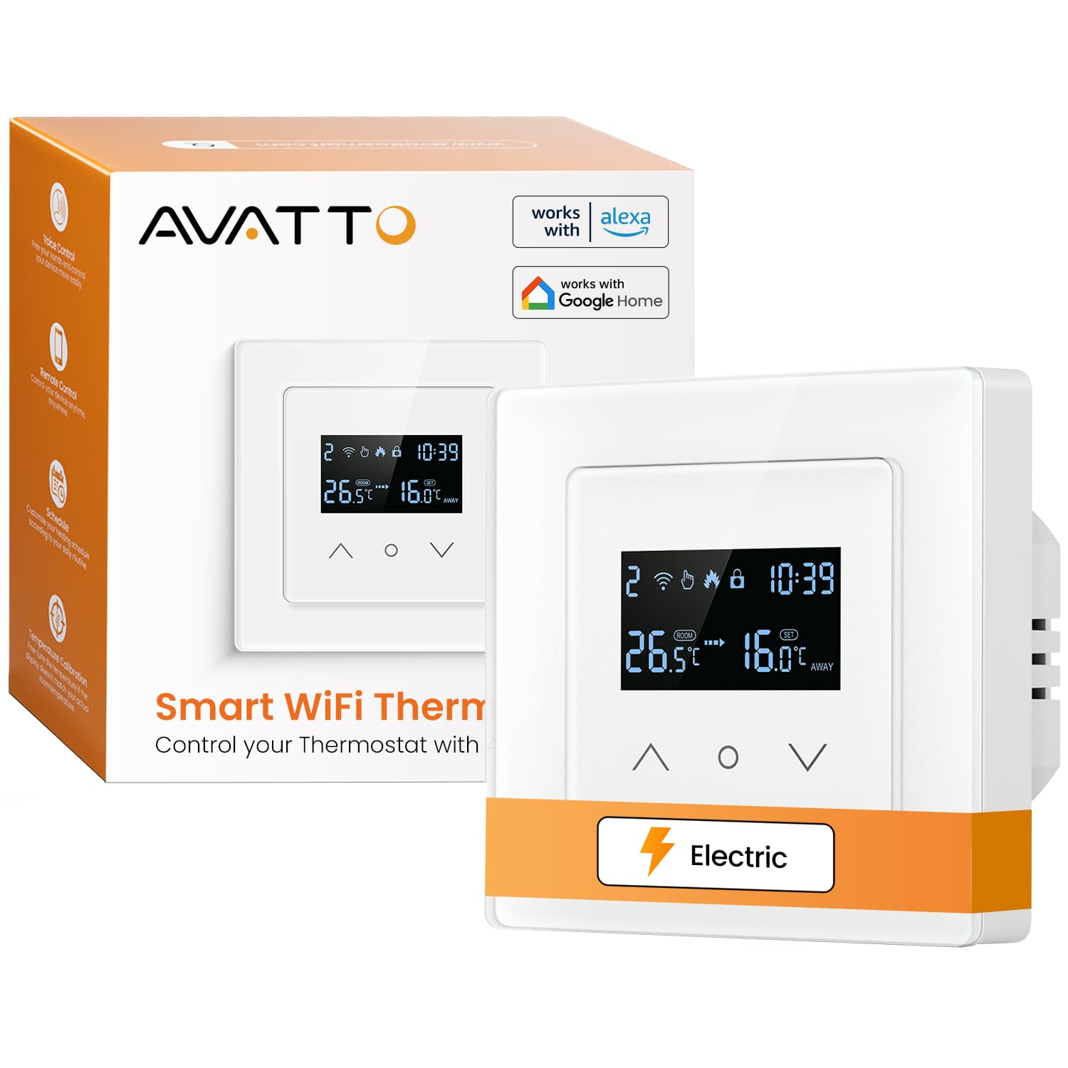 AVATTO 55x55mm Smart WiFi Thermostat für Wasser-Fußbodenheizung programmierbarer Raumthermostat kompatibel mit Alexa & Google Home, Fernbedienung über AVATTO-App oder Smart-Life-App