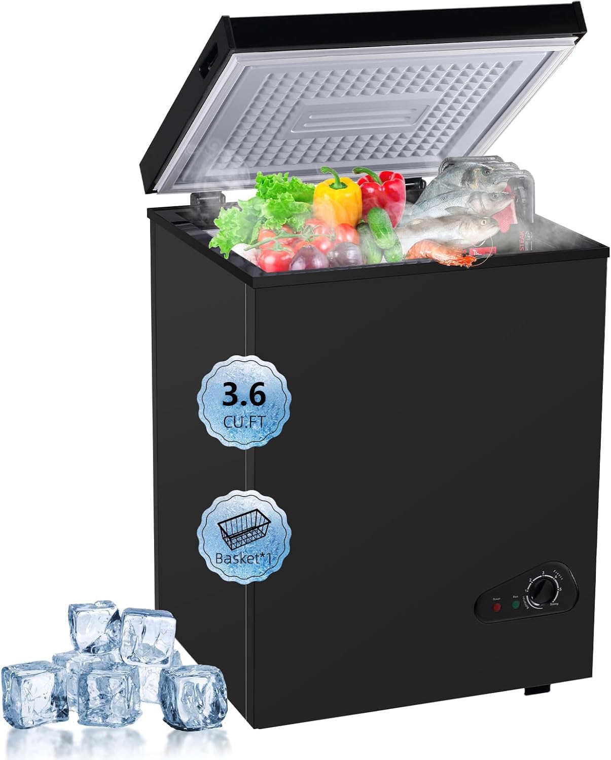 Compact Deep Freezer, 3.6 Cu Ft Chest Freezer with 6 Adjustable Thermostat, Top Open Door Freezer with Removable Basket, Energy Saving Freezer for Home, Apartment, Office, Black