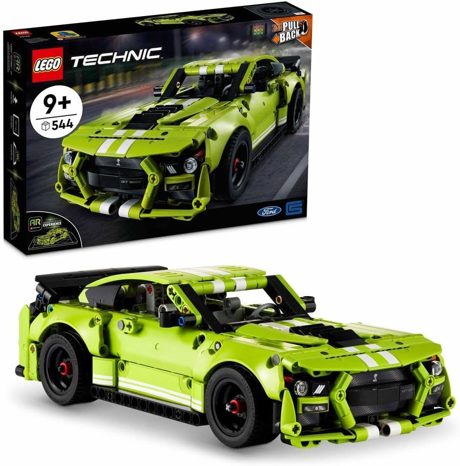 Technic Ford Mustang Shelby GT500 Set, Pull Back Drag Toy Race Car Model Building Kit, Gifts for Kids and Teens with AR App Play Feature 42138