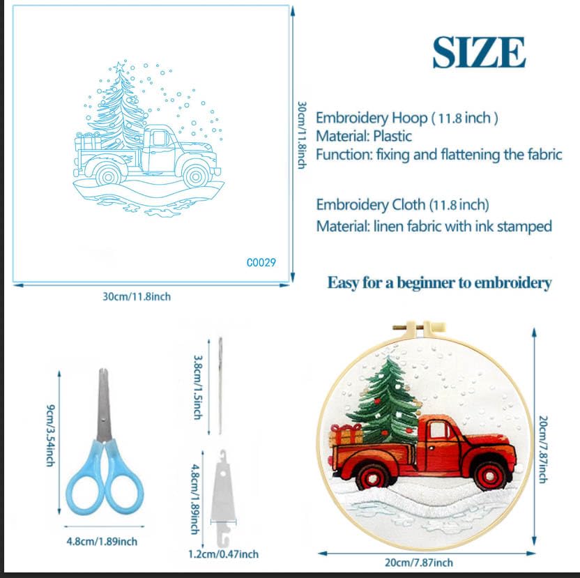 Image of Zhenqing Christmas Red Truck Embroidery Kit for Beginners, Tree and Gifts Needlework Kit with Pre-Printed Fabric, Hoop, Threads & Tools (C0029)