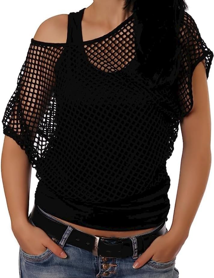 Women 80s T Shirts Neon Fishnet Mesh Top Off Shoulder Tops Fany Dress for Women (Tops+Vest)