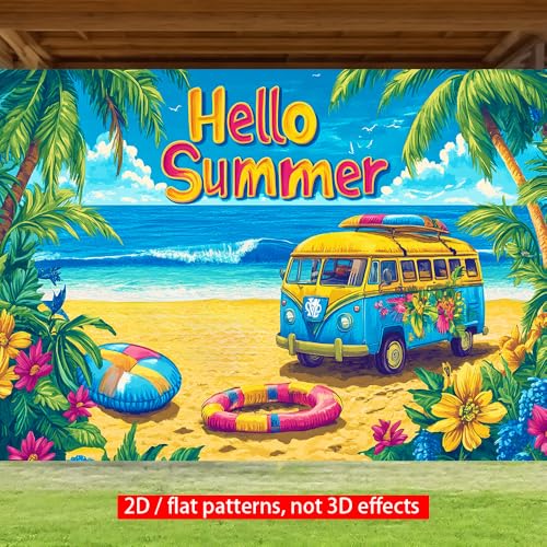 Image of 71x43 Inch Hello Summer Banner Beach Retro Camper Van Backdrop Tropical Ocean Yard Decorations Seasonal Outdoor Decor Fence Sign