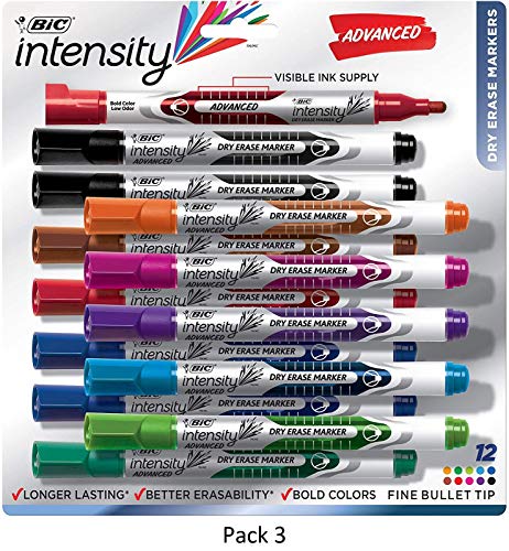 BIC Intensity Advanced Dry Erase Marker, Fine Bullet Tip, Assorted Colors, 12-Count, 3 Pack