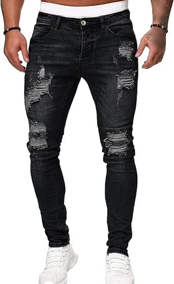 Skinny Jeans for Men Stretch Slim Fit Ripped Distressed Denim Pants Classic Vintage Destroyed Jean Trousers