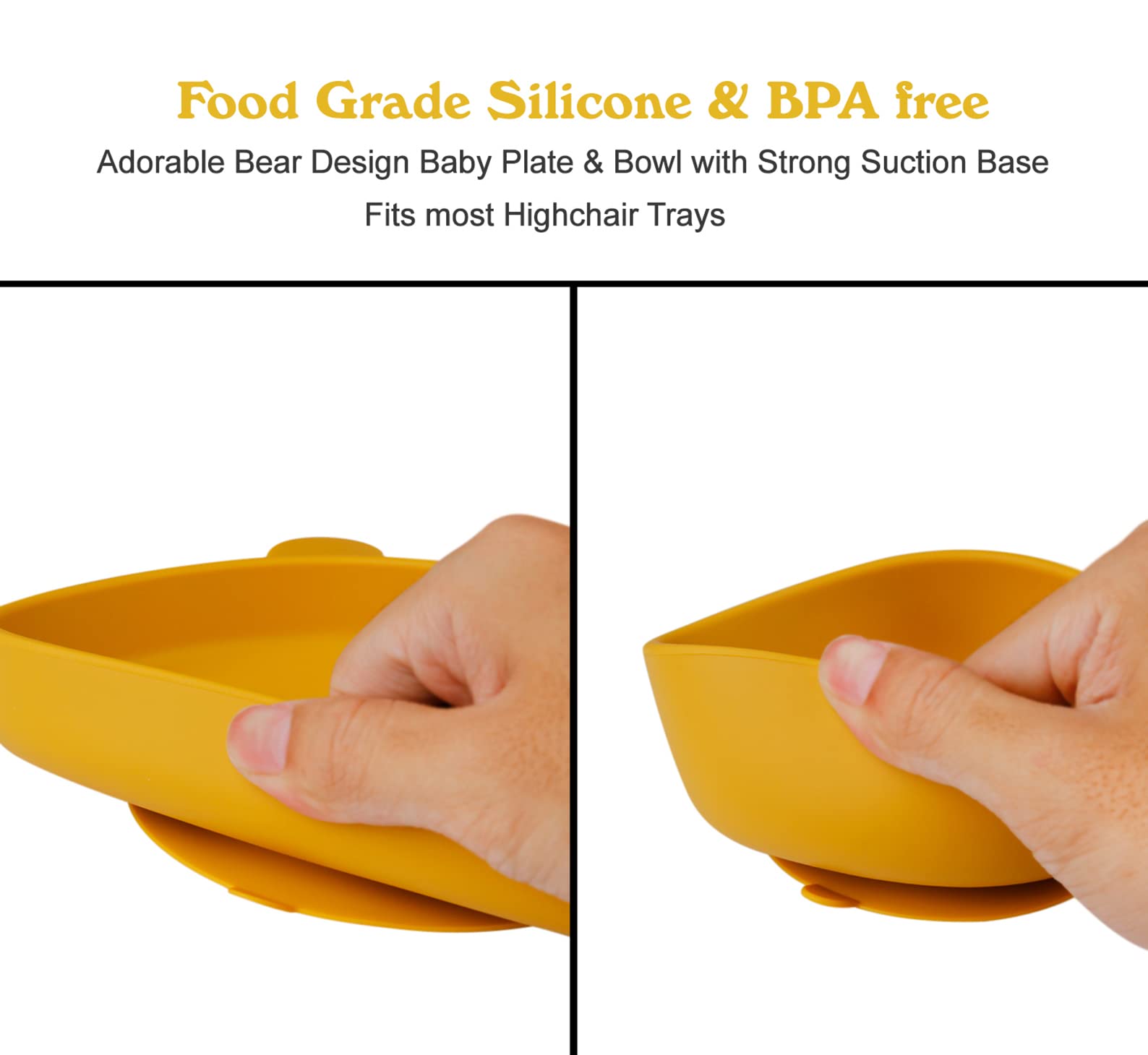 Set Vaisselle pour Bébé Silicone avec Ventouse, 4 Pièces, Set Repas pour Enfants, Inclus Anti-dérapant Assiette, Bol, Cuillère + fourche, Compatible Lave-vaisselle, Micro-onde, sans BPA (jaune)