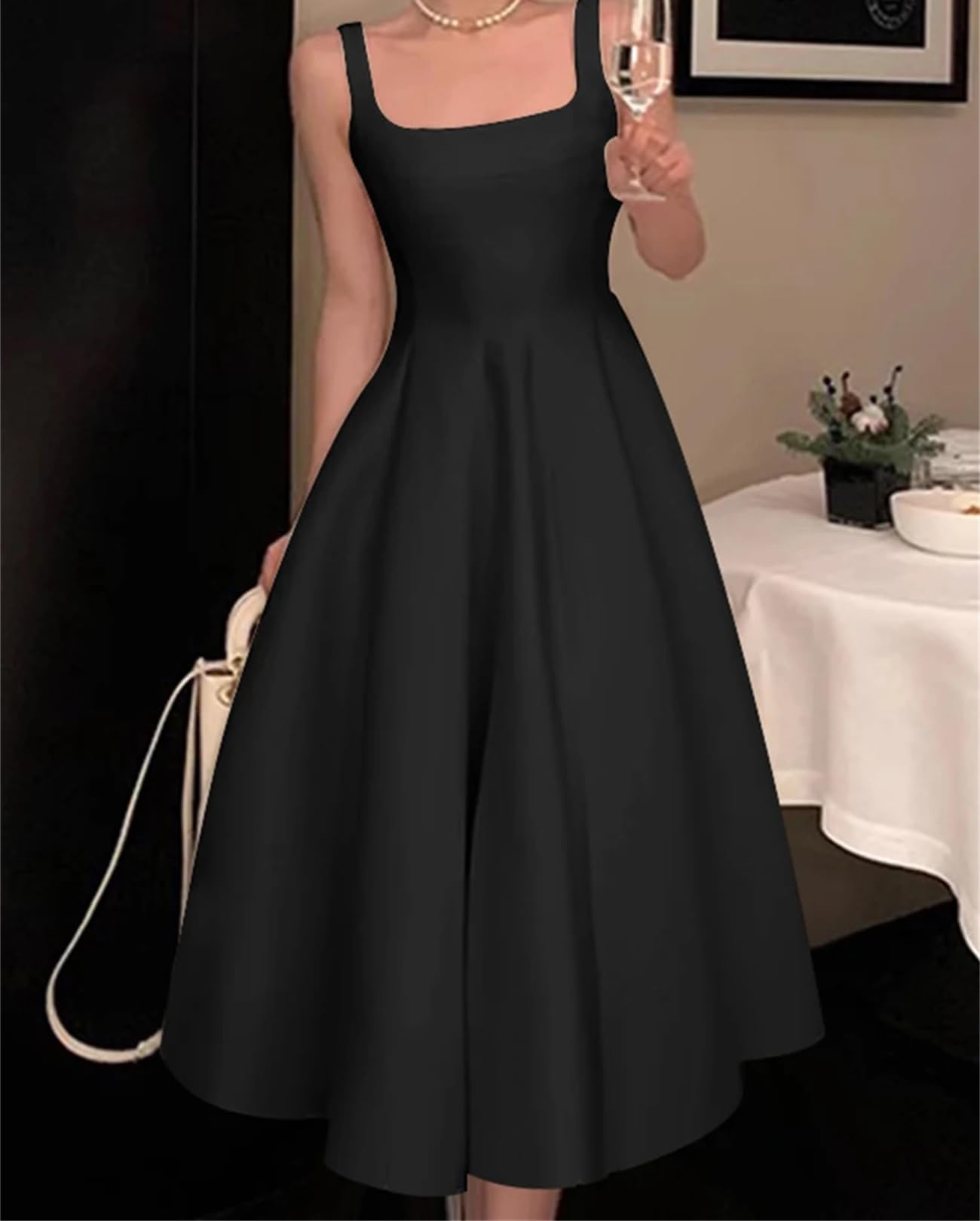 Abito da donna senza maniche vintage tinta unita A-Line abiti estivi con vita abito casual con colletto quadrato abito midi