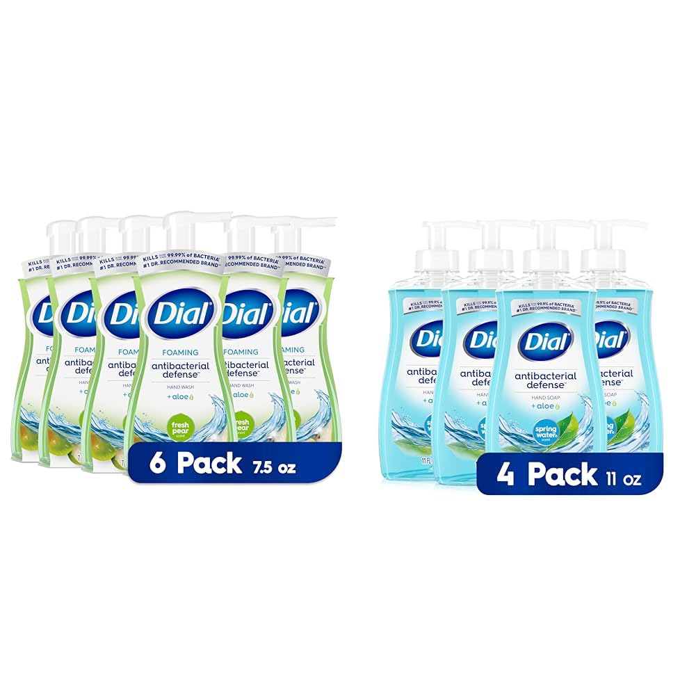 Dial Antibacterial Foaming Hand Wash, Fresh Pear, 7.5 fl oz Pack of 6 & Antibacterial Liquid Hand Soap, Spring Water, 11 fl oz (Pack of 4)