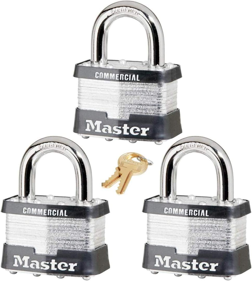 Master Lock Padlock - 2" W Body x 1" L Shackle, Four (4) Keyed Alike Locks w/8 Keys, 5 NKA-4 w/Bump Stop Technology