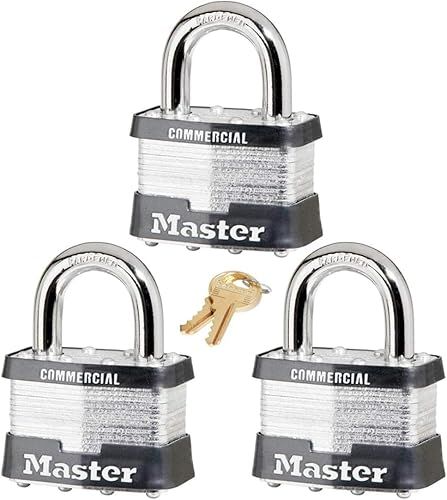 Miniatura 9 de Master Lock Candado: cuerpo de 2 pulgadas de ancho x grillete de 1 pulgada de largo, cuatro (4) cerraduras iguales con llave con 8 llaves, 5 NKA-4