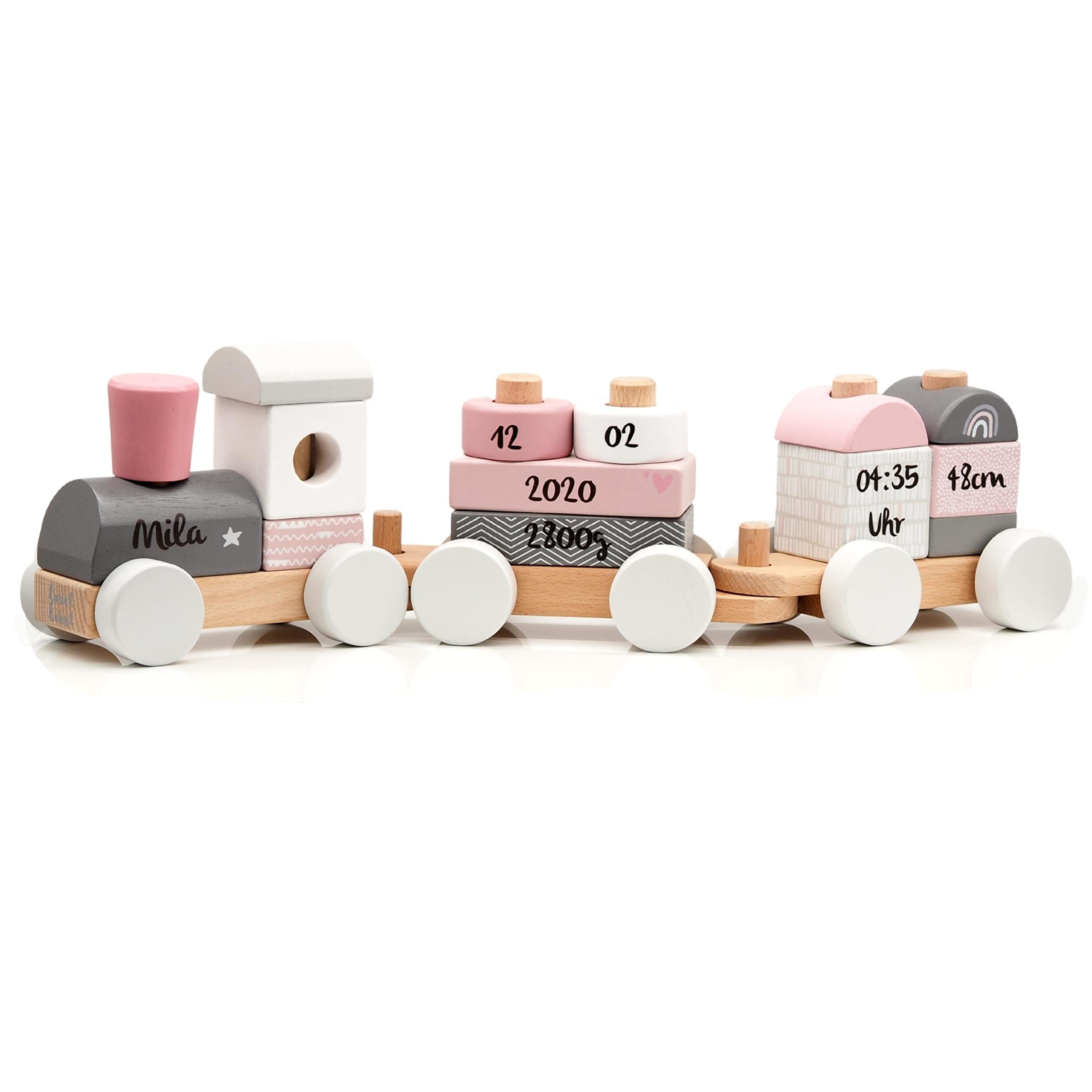 Holz Eisenbahn rosa - personalisierbar I Geschenk zur Geburt Mädchen I Handmade Holzspielzeug mit Steckformen I Personalisierte Geschenke Baby I Holzzug mit Name & Geburtsdaten