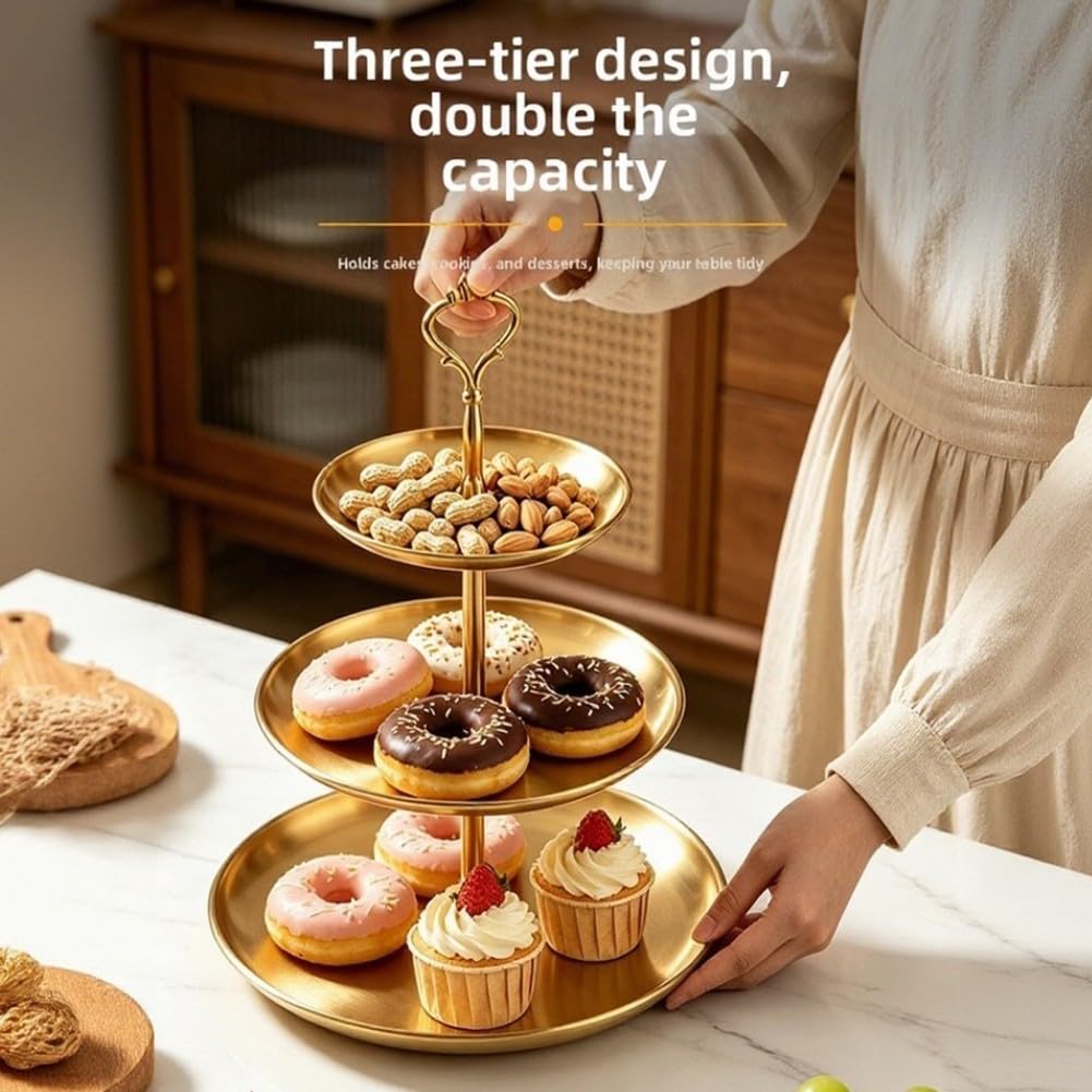 Présentoir à gâteau rond à 3 étages en acier inoxydable pour cupcakes et collations, plateau à gâteau empilable pour mariage, anniversaire, fête, facile à nettoyer, doré/argenté (or)