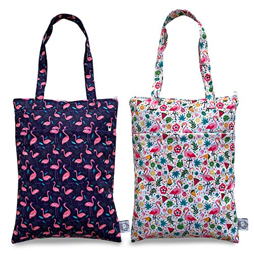 FLOCK THREE 2pcs Wet Dry Bag Waterproof Tote Reusable Wet Clothes Baby Diapers Stroller Swimsuit Travel Small Larger Electronics Toiletries Pouch Flamingo