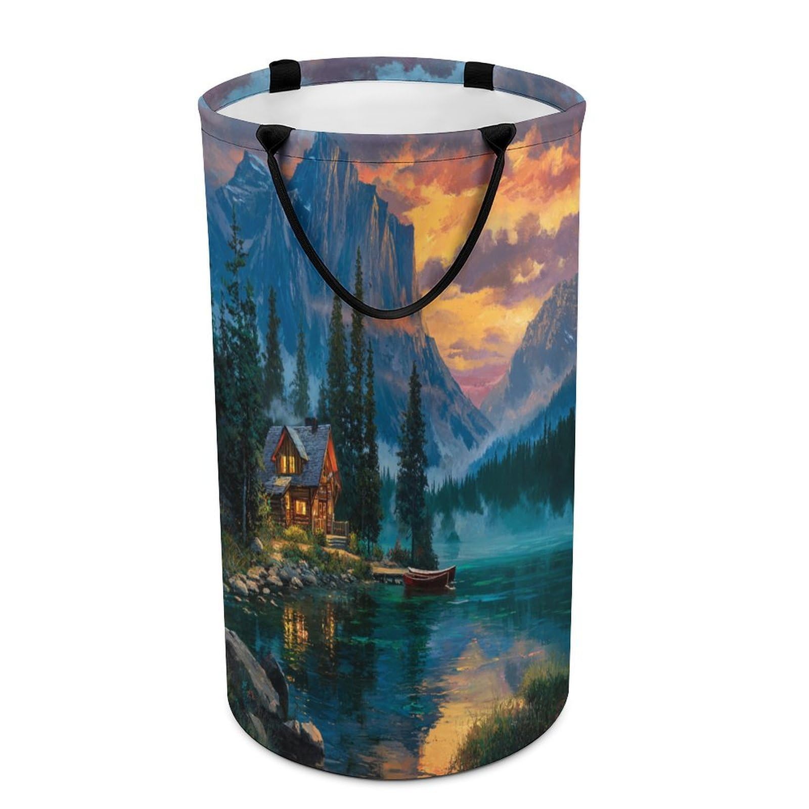 LUYYSKY Colorful Realistic Log Cabin Collapsible Dirty Clothes Basket, Modern Painting Art Natural Sunset Mountain Lake Barn Portable Clothes Storage Basket