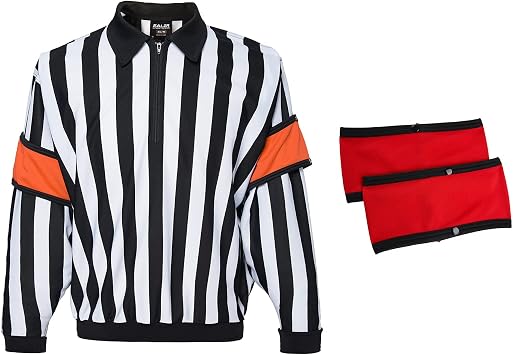 EALER HRJ100 Ice Hockey Long Sleeve Striped Referee/Umpire Jersey Shirt with Removable Orange and Red Armbands