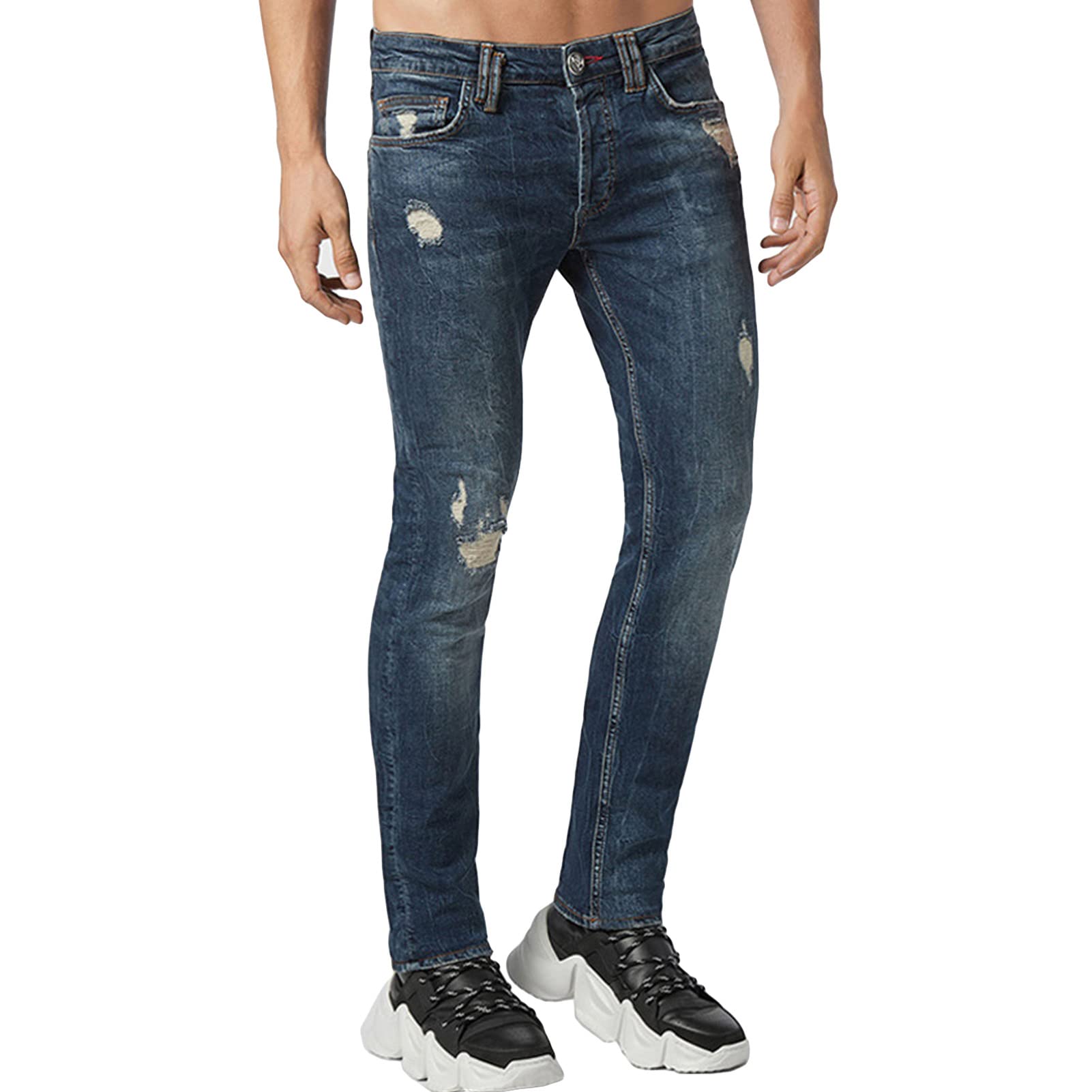 Maiyifu-GJ Men Retro Ripped Slim Fit Jeans Hip Hop Destroyed Skinny Denim Pants Washed Stretch Distressed Jean with Holes (Light Blue,36)